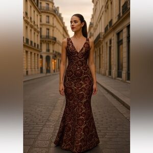 Alice + Olivia  Metallic Brocade Floral Sleeveless Long Formal Gown Dress SZ 10